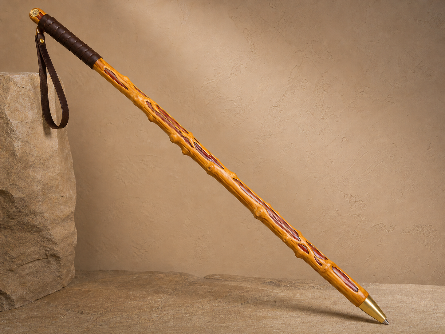 Duijie scar wood handmade hiking staff with leather grip and brass ferrule